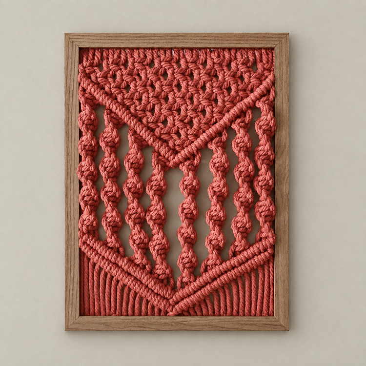 Style-08 orange red, macrame panel in 13 knot styles, twisted cord, stained wood frame