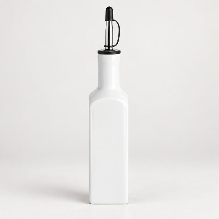 A white ceramic bottle with a black metal and plastic pour spout, shown against a clean white background.