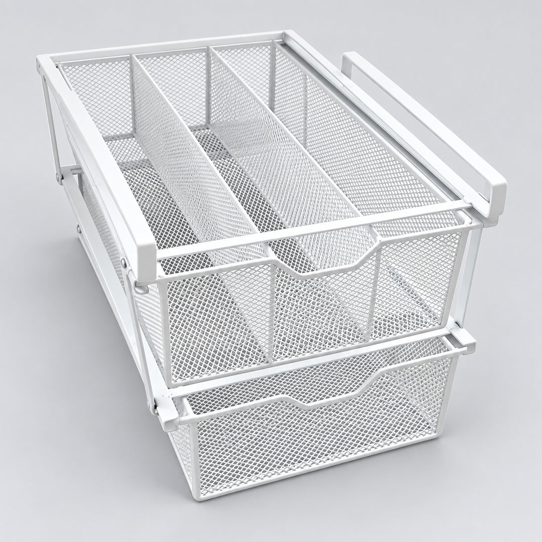 A white metal mesh drawer organizer with a top divider tray and two pull-out bottom baskets, shown on a light gray background.