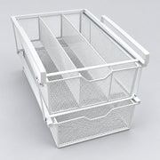 A white metal mesh drawer organizer with a top divider tray and two pull-out bottom baskets, shown on a light gray background.