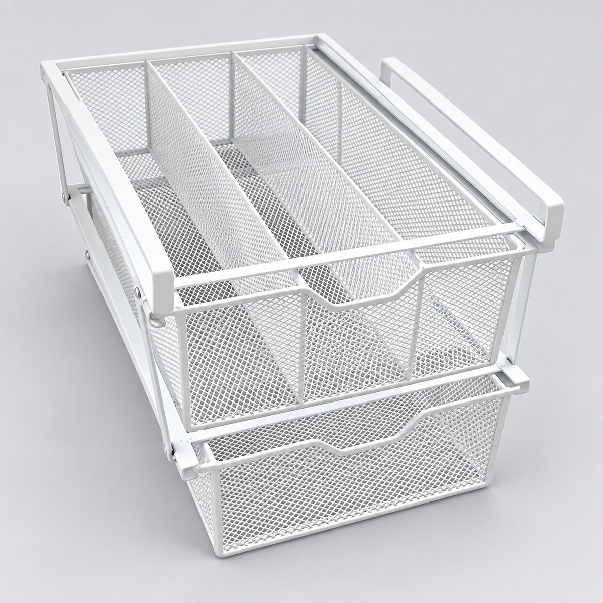 A white metal mesh drawer organizer with a top divider tray and two pull-out bottom baskets, shown on a light gray background.
