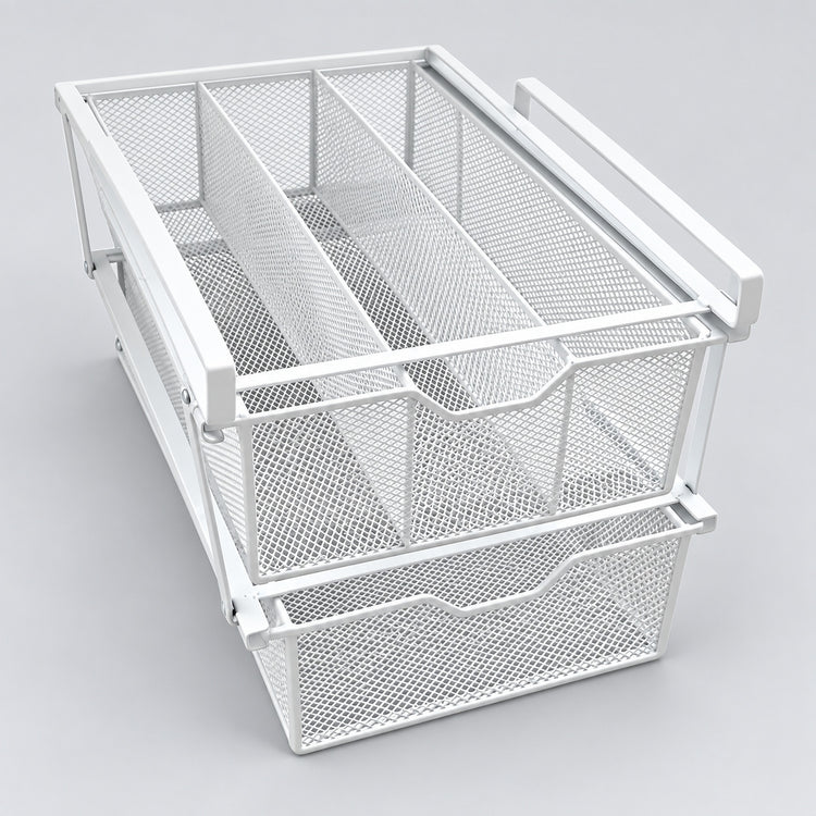 A white metal mesh drawer organizer with a top divider tray and two pull-out bottom baskets, shown on a light gray background.