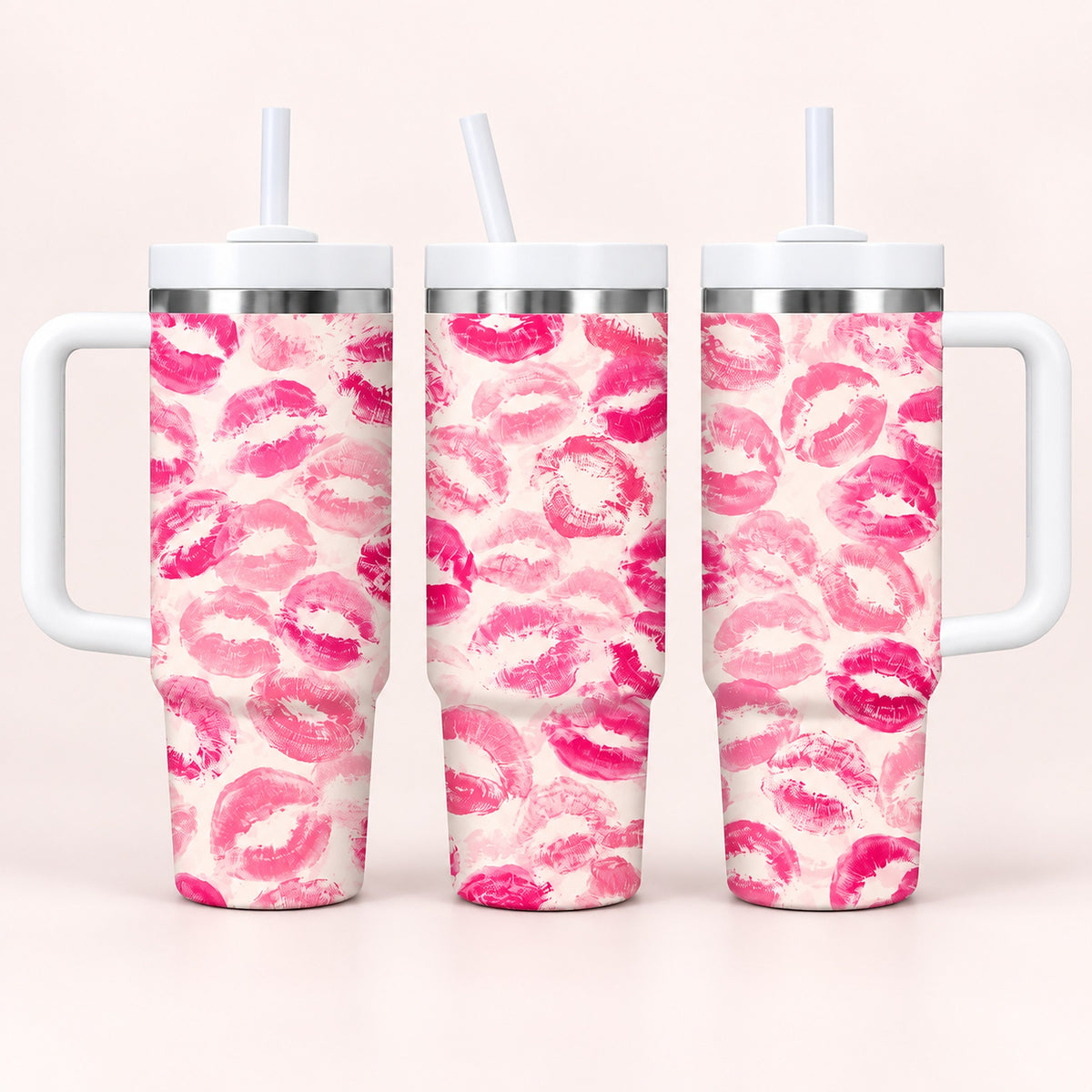 Three handled stainless steel tumblers with white lids and straws, decorated with a repeating pink lip print pattern on a light cream background, shown against a pale pink studio backdrop.