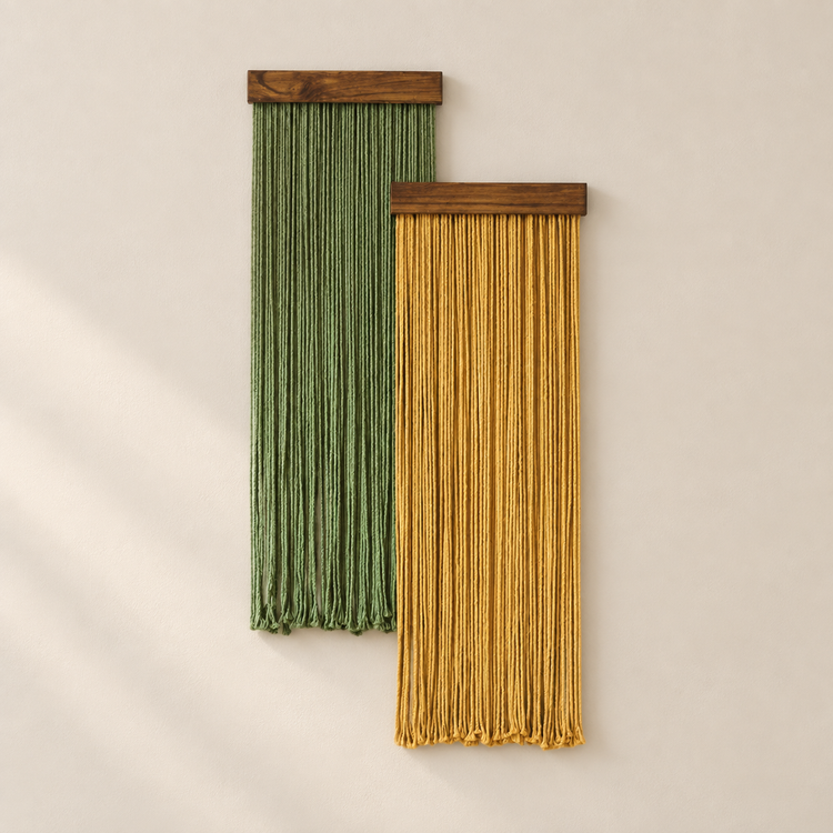 Two vertical macrame wall hangings with wooden tops, one in sage green and one in mustard yellow, displayed on a warm off-white wall.