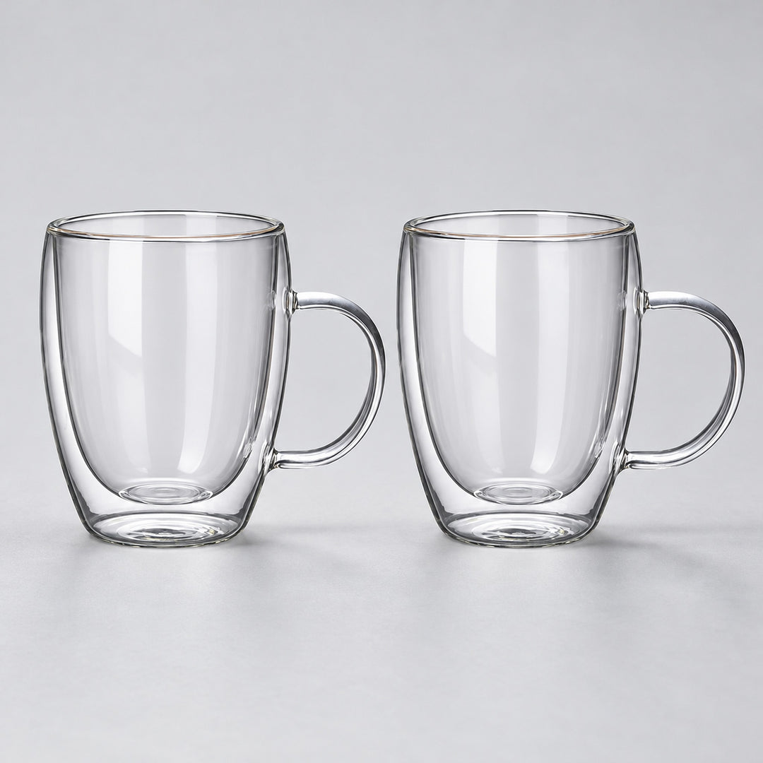 Two empty 350 ml clear double-wall glass mugs with handles.