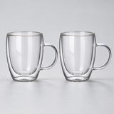 Two empty 350 ml clear double-wall glass mugs with handles.