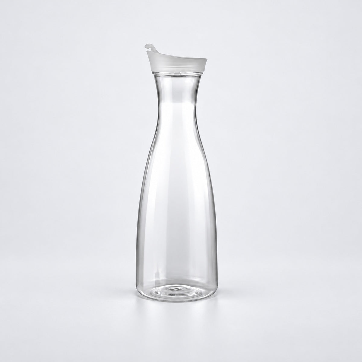 Empty 1000 ml clear plastic carafe with white lid.