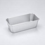 Empty silver aluminum loaf pan, 20 x 9.8 x 7 cm.