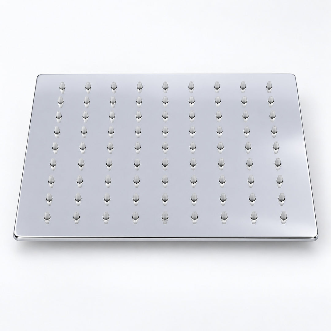 A square stainless steel rain shower head plate with multiple rows of small decorative finials, shown on a clean white background.