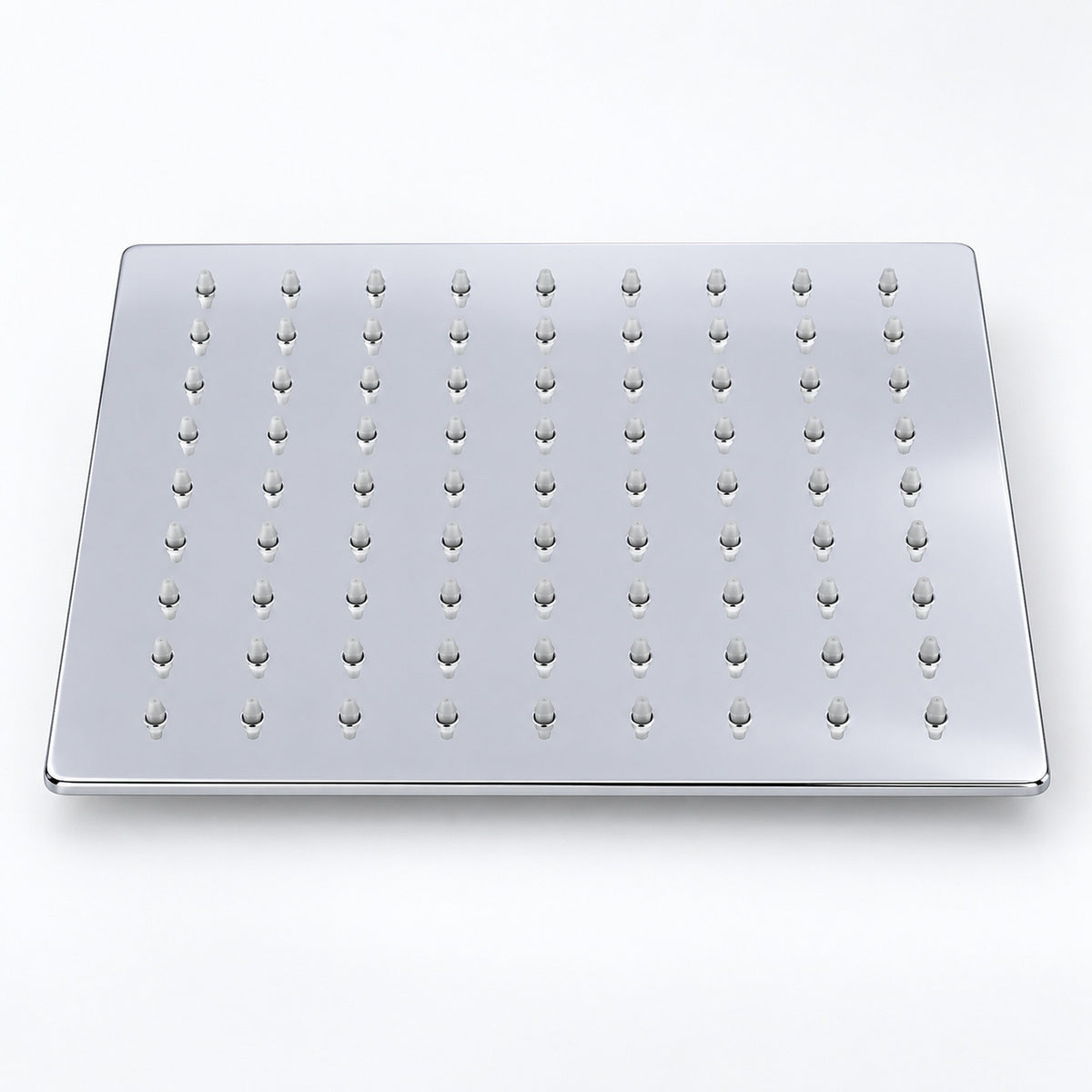 A square stainless steel rain shower head plate with multiple rows of small decorative finials, shown on a clean white background.