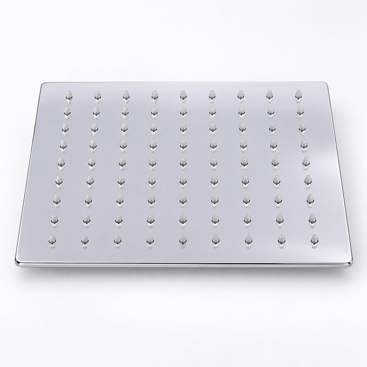 A square stainless steel rain shower head plate with multiple rows of small decorative finials, shown on a clean white background.