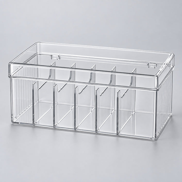A clear plastic rectangular organizer box with multiple vertical compartments, shown on a light gray background.