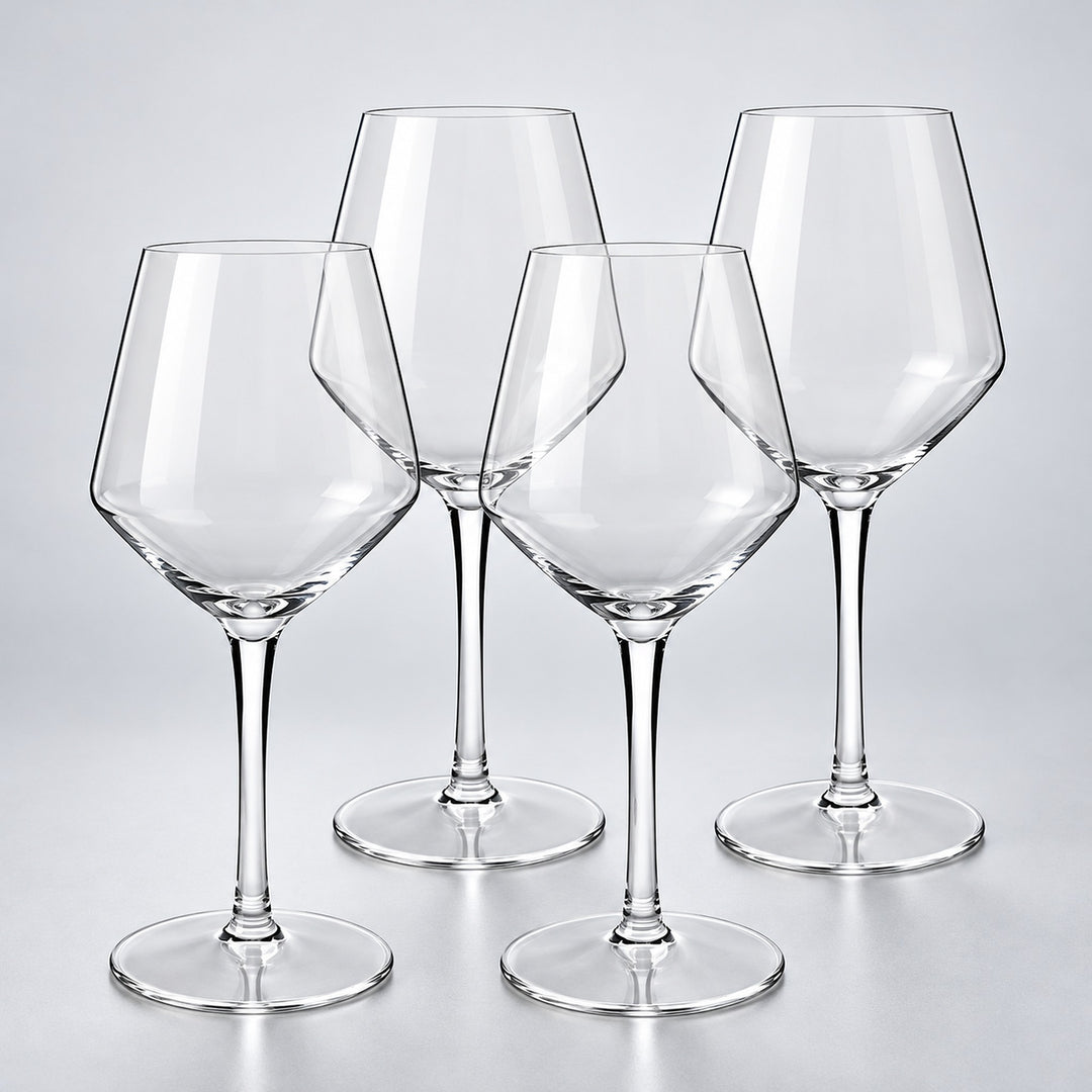 Bordeaux set of 4: 4 empty clear stemmed Tritan wine cups on a pale gray studio background.