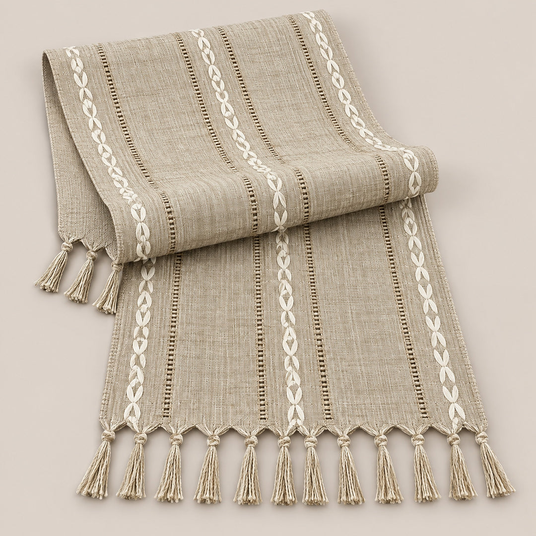 One Coffee Brown fringed runner in reference taupe shade on lighter studio background.