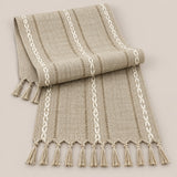 One Coffee Brown fringed runner in reference taupe shade on lighter studio background.