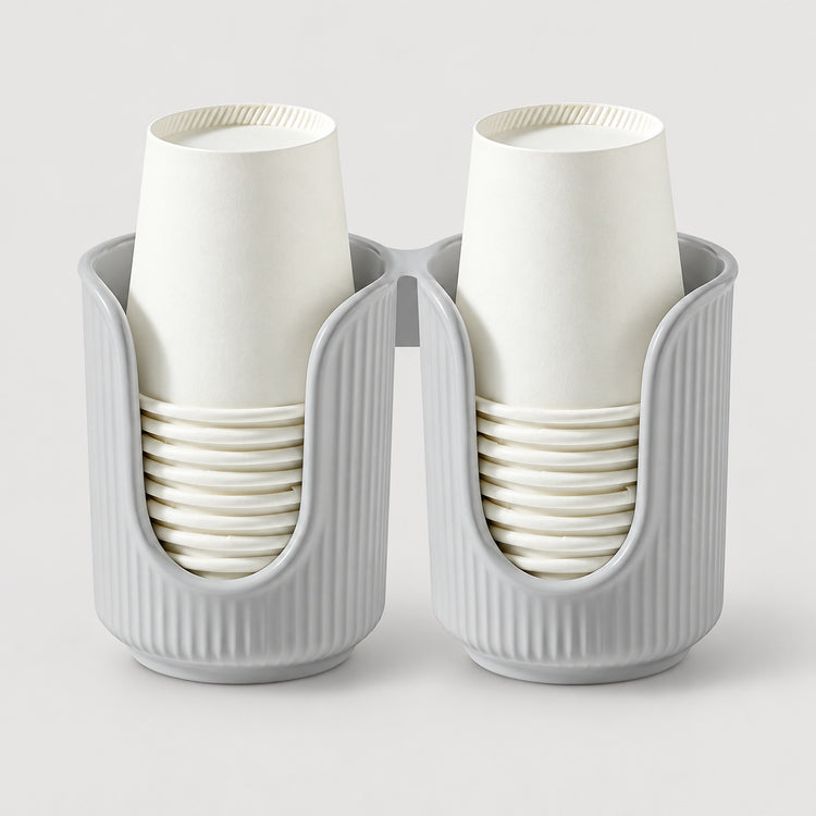 A two-pack of white paper cups stacked inside ribbed gray cup holders, shown on a light gray background.