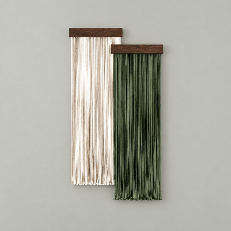Two vertical wall hanging macrame wall art pieces with dark wood tops, one in off-white and one in sage green, displayed against a solid light gray wall.