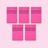 Pink variant: five pink rectangular exfoliating mitts on a lighter pink studio background.