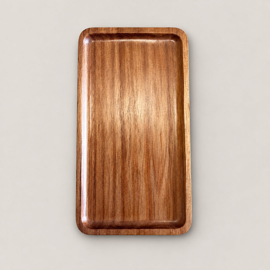 One small, 19 x 10.5 cm rectangular wood tray on a pale studio background.