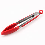 Red silicone-tipped stainless steel cooking tongs, 9 in.