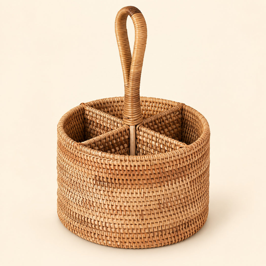 Round four-compartment wicker basket with center loop handle; 20 cm diameter, 27 cm total height.