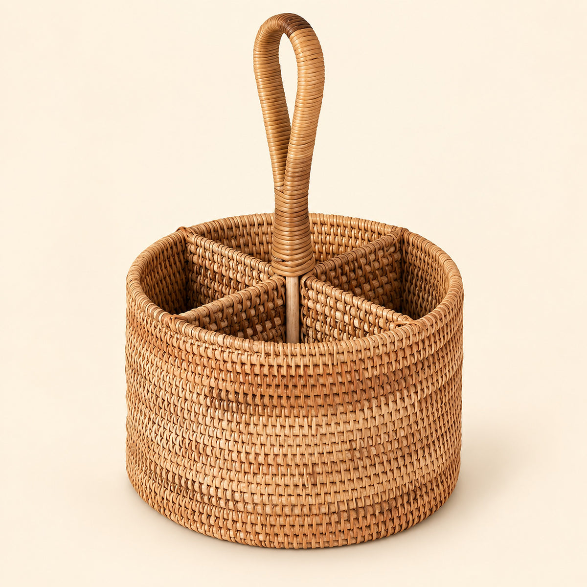 Round four-compartment wicker basket with center loop handle; 20 cm diameter, 27 cm total height.