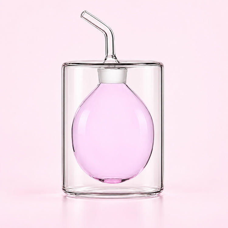 A clear glass double-walled tumbler with a matching clear glass pour spout lid and angled straw, filled with light pink liquid, set against a solid pale pink background.