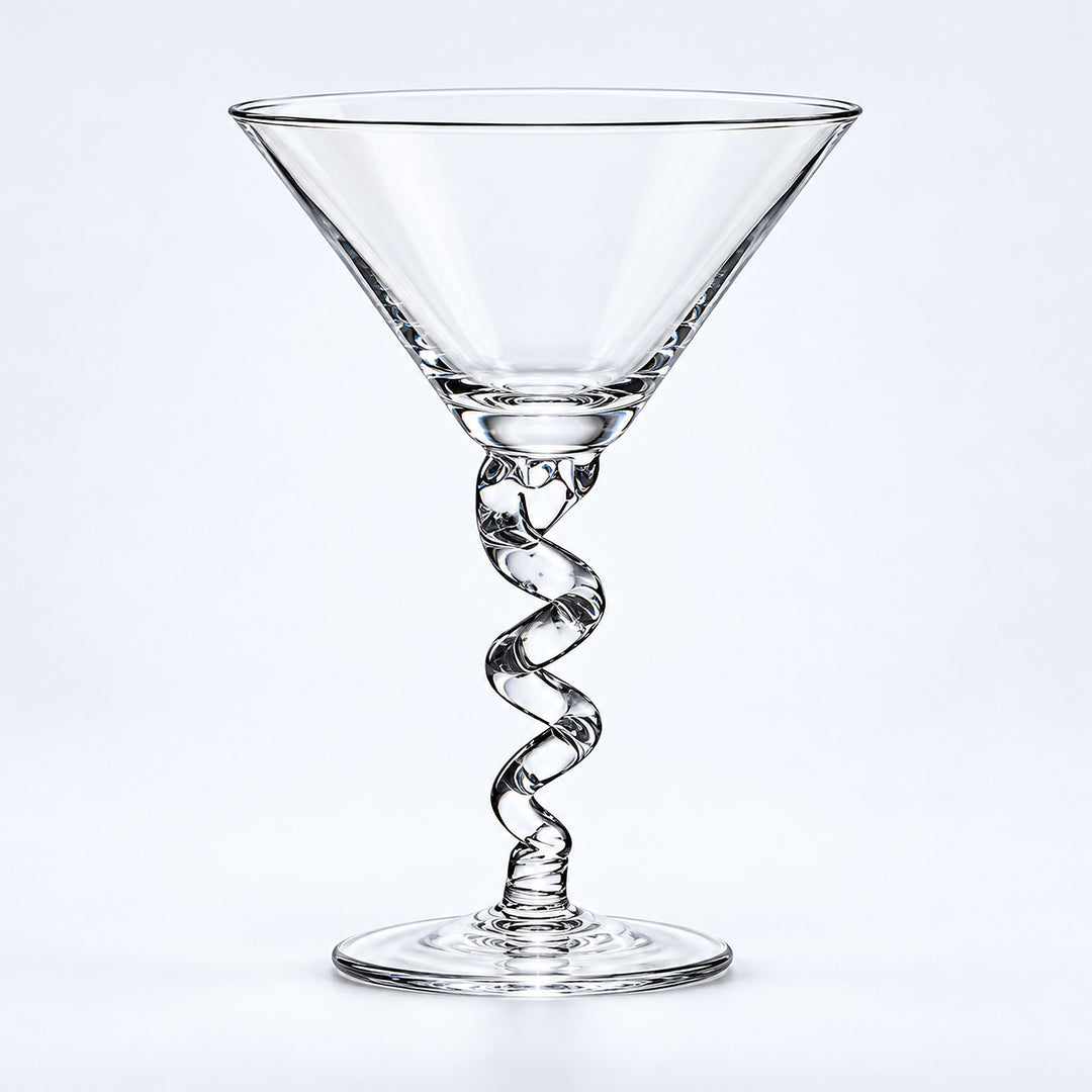 Empty 210 ml spiral-stem martini glass.