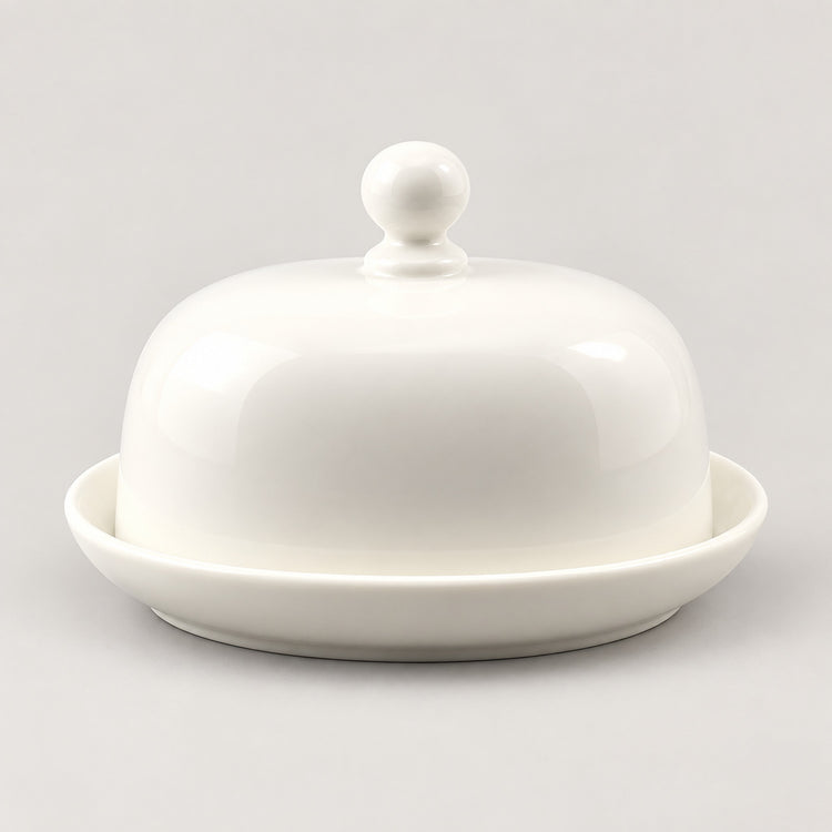 A white ceramic butter dish with a matching lid featuring a small round knob on top, set against a neutral light gray background.