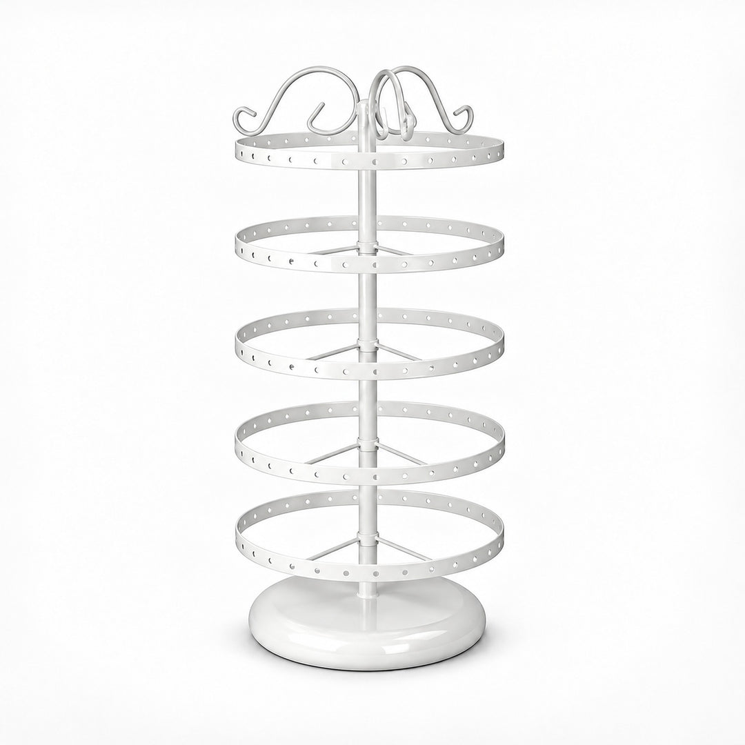 Empty white five-tier jewelry stand with domed circular white pedestal.