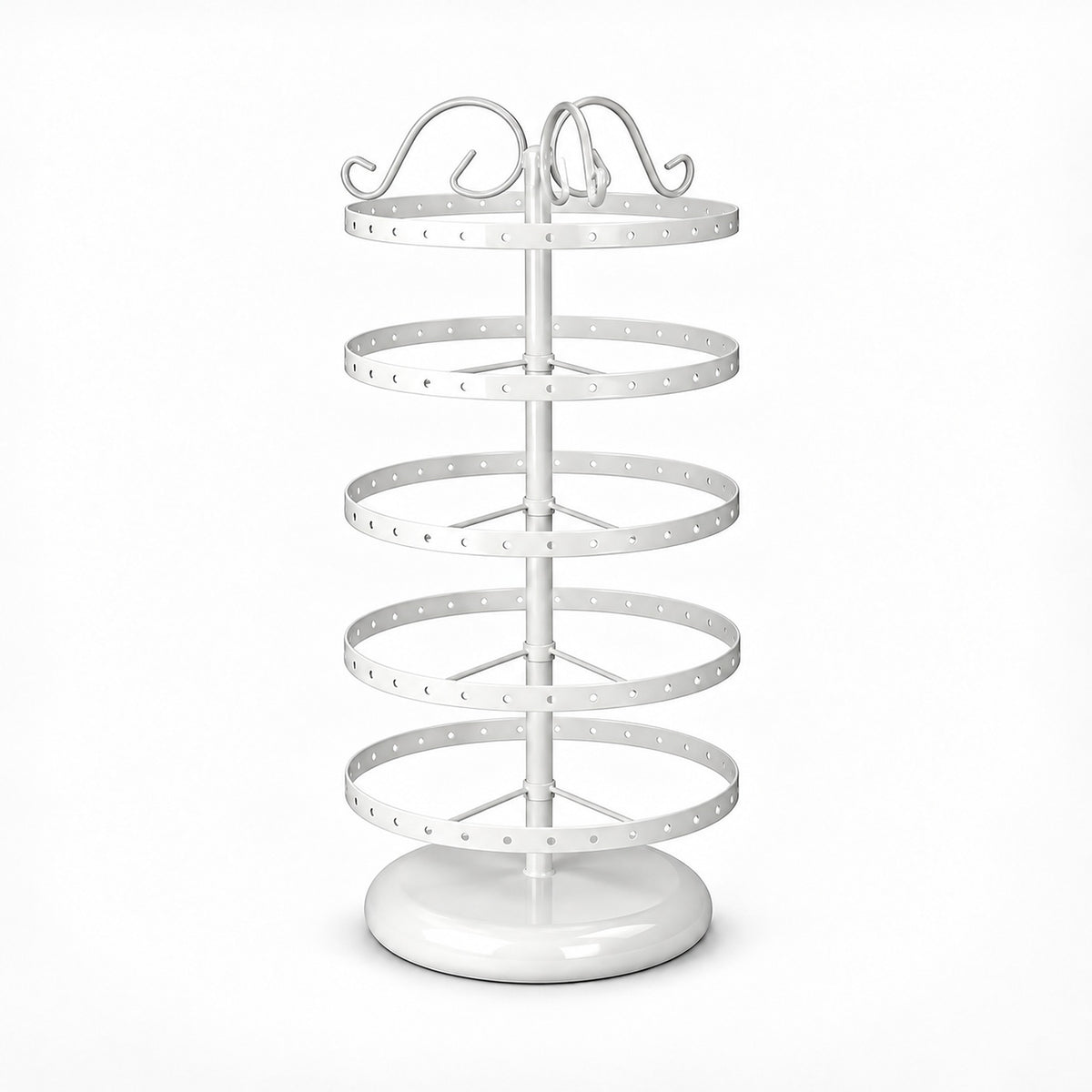 Empty white five-tier jewelry stand with domed circular white pedestal.
