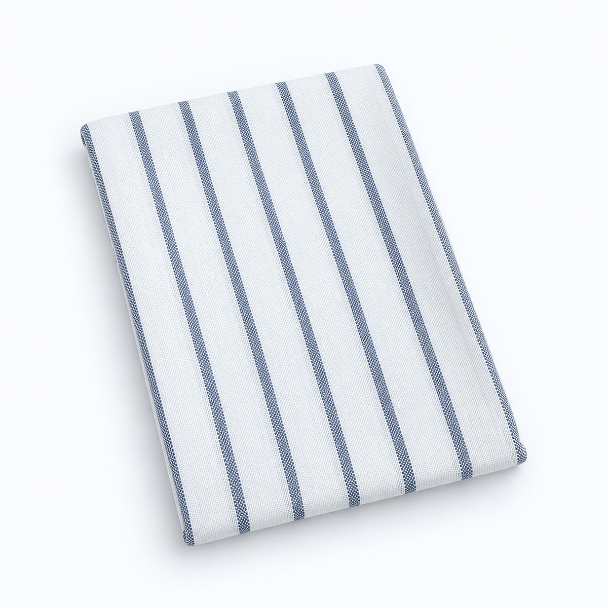 Single white stripes cotton towel, folded studio view.