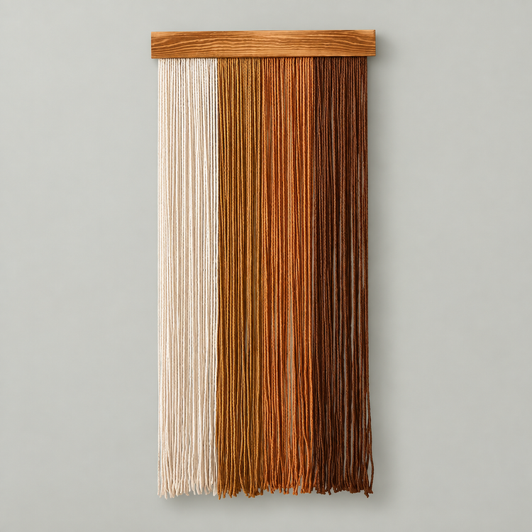Cream and rust straight fringe panel on a pale wooden batten