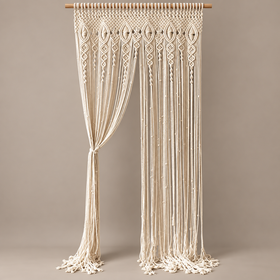 Cream macrame wall hanging suspended from a wooden dowel, with intricate woven patterns and long fringe strands, shown against a plain taupe background.