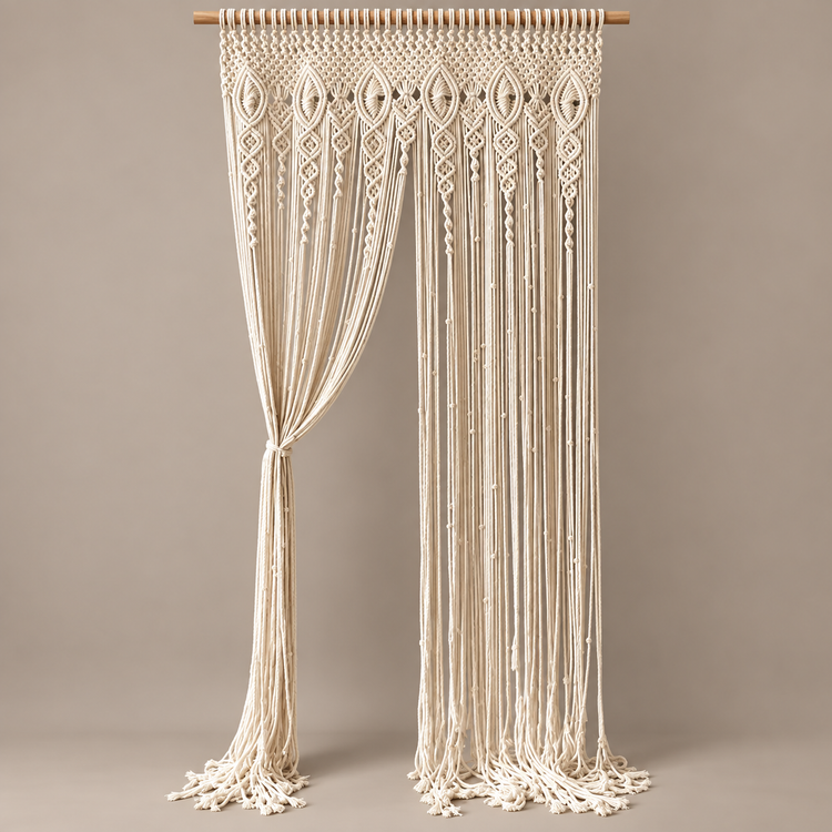 Cream macrame door curtain tied back to one side against a warm gray wall