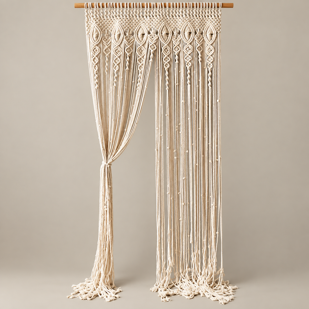 An off-white macrame curtain panel hanging from a wooden dowel, featuring intricate woven geometric patterns and long fringe tassels, set against a solid neutral beige background.