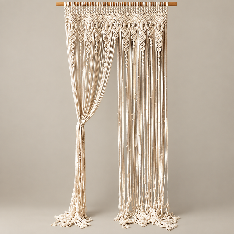 Full length macrame curtain on its rod with one side gathered and tied back