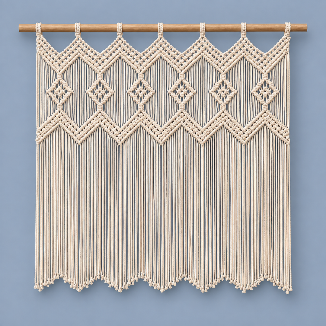 A cream macrame wall hanging with intricate woven geometric patterns and long fringe, suspended from a light natural wood rod against a solid dusty blue-gray background.