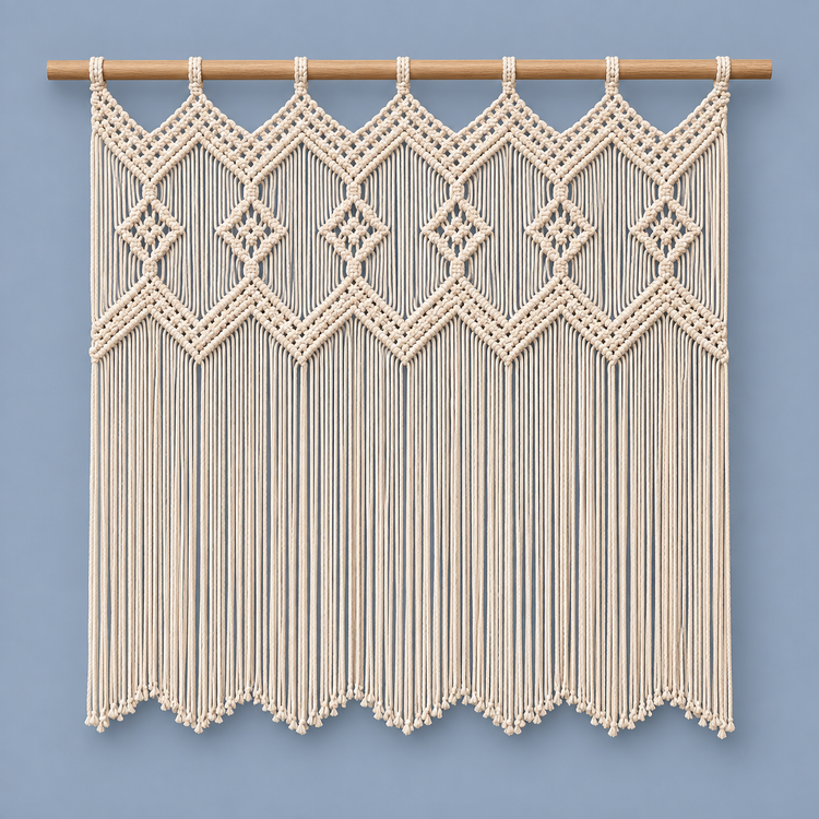 Short cream macrame valance with a zigzag header and pointed hem on blue