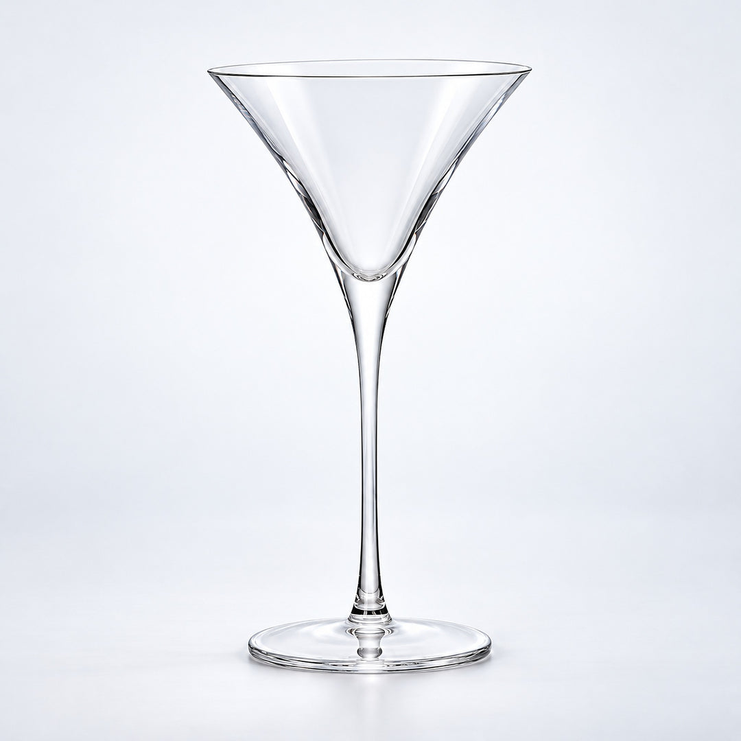 Empty 300 ml tall conical martini glass.