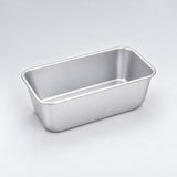 Empty silver aluminum loaf pan, 16.3 x 9.8 x 6.7 cm.