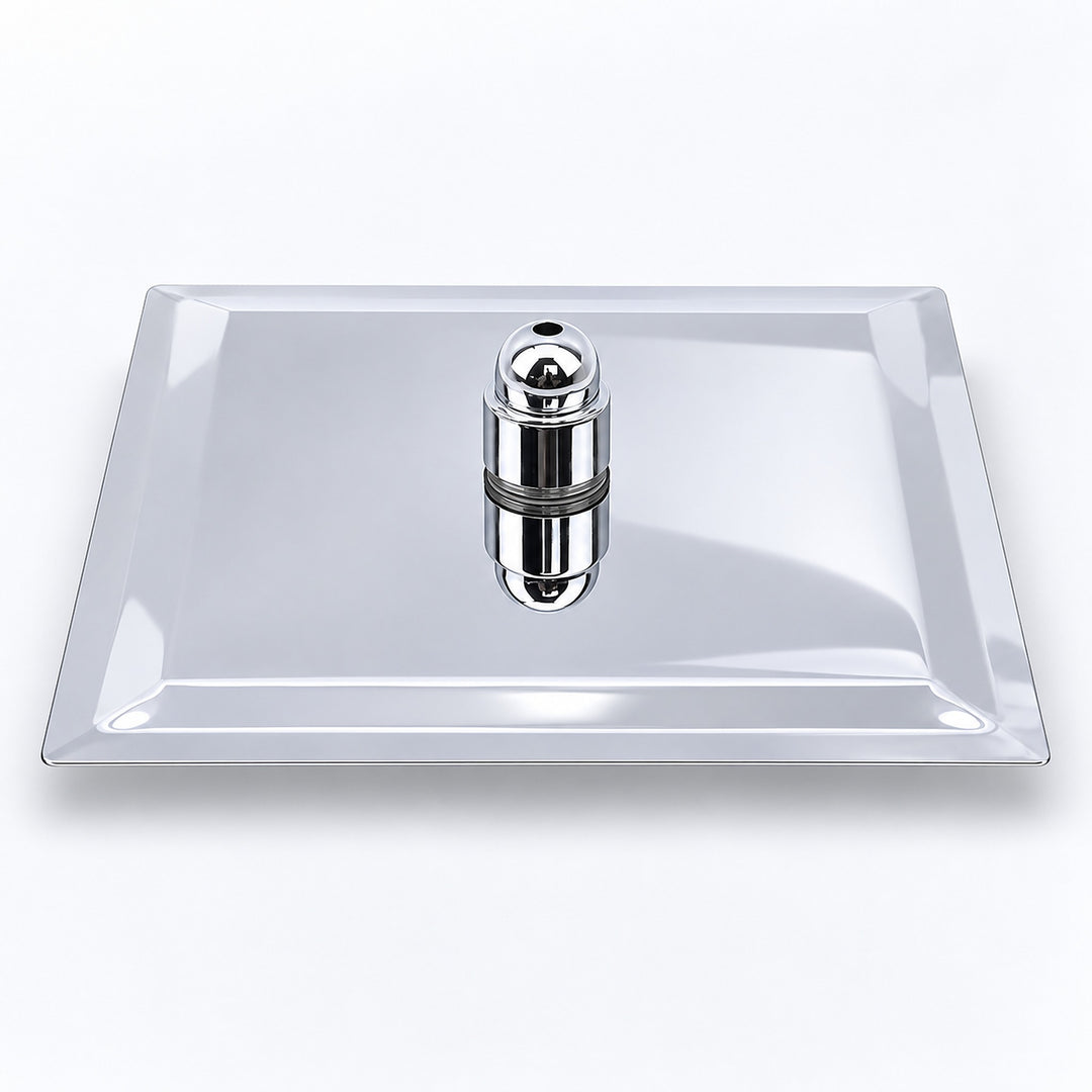 A square silver metal tray with a polished chrome center cap, shown on a clean white background.
