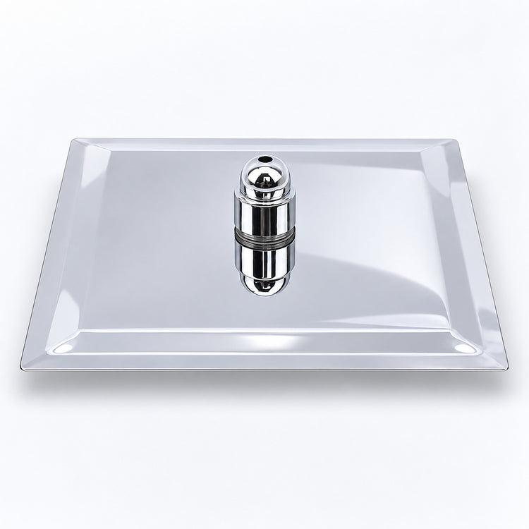 A square silver metal tray with a polished chrome center cap, shown on a clean white background.