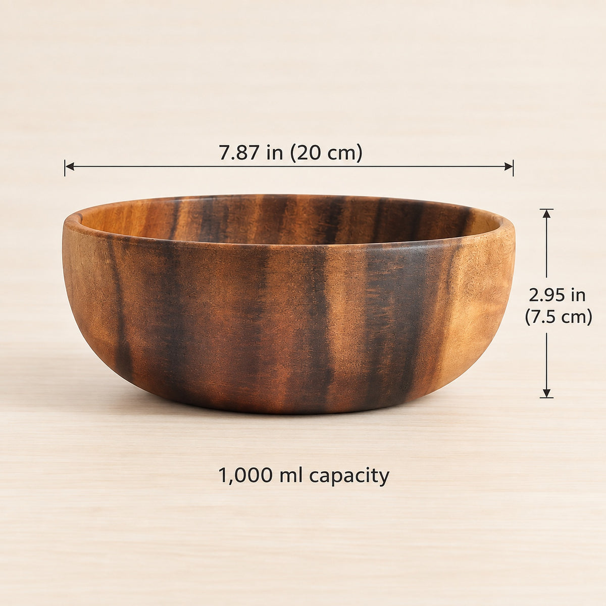 Acacia bowl, 7.87 in (20 cm) diameter, 2.95 in (7.5 cm) high, 1000 ml capacity.