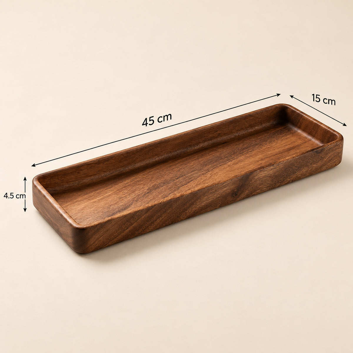 A rectangular wooden tray with rounded corners, shown on a light beige background with dimension lines and labels indicating 45 cm length, 15 cm width, and 4.5 cm height.