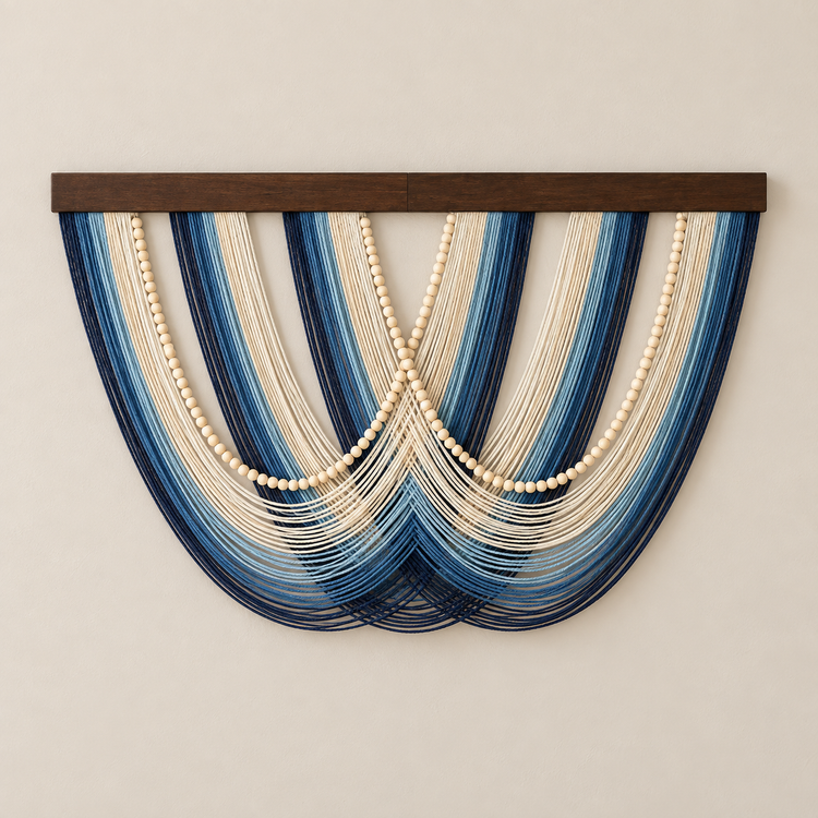 B-01 blue swags with beads, 16 swag and fringe styles, fine twisted cord, pale wooden beads on the B series