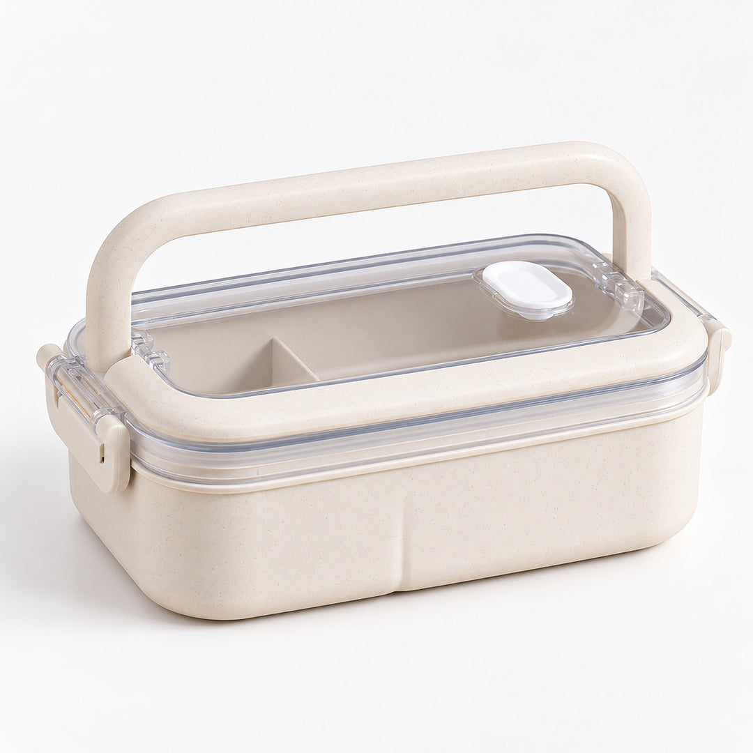 beige single layer plastic bento lunchbox with clear lid and carry handle.