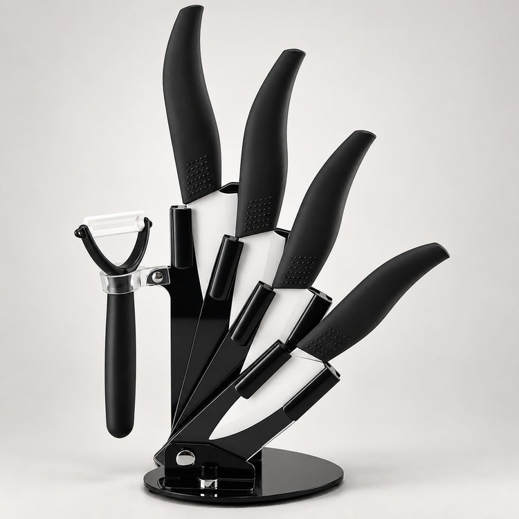 A black kitchen knife set with matching black-handled tools, including knives and a peeler, displayed on a round stand against a light gray background.