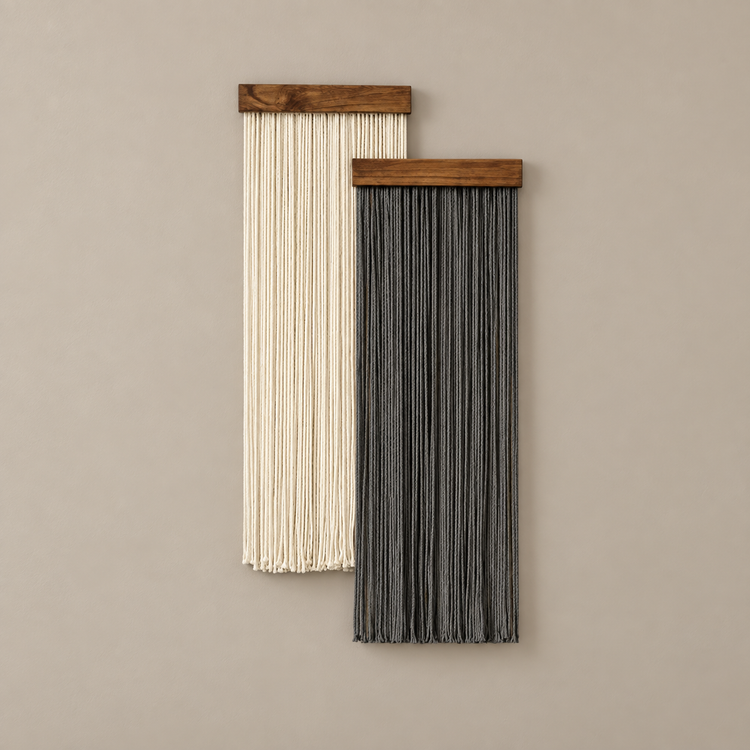 Two vertical wall-mounted fringe art pieces with wooden tops, one in off-white cord and one in dark charcoal gray cord, displayed against a warm beige wall.
