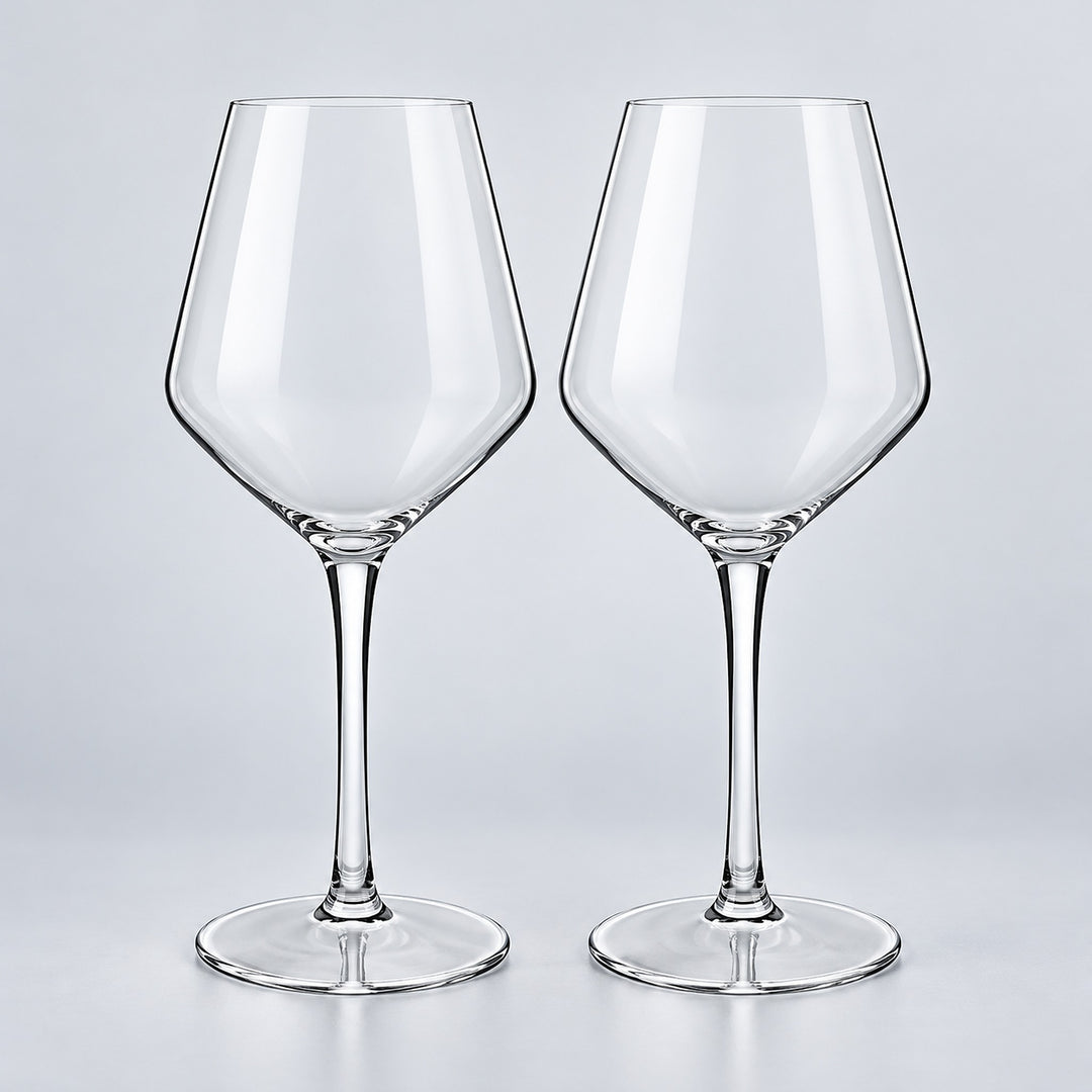 Bordeaux set of 2: 2 empty clear stemmed Tritan wine cups on a pale gray studio background.